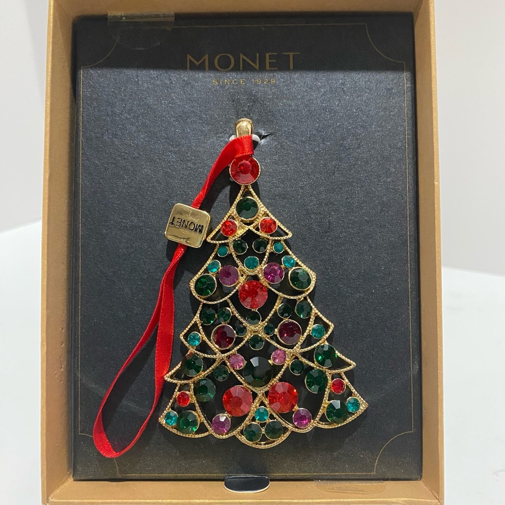 NIB Monet Christmas Tree Ornament 2021 Red Green Rhinestones Gold Tone